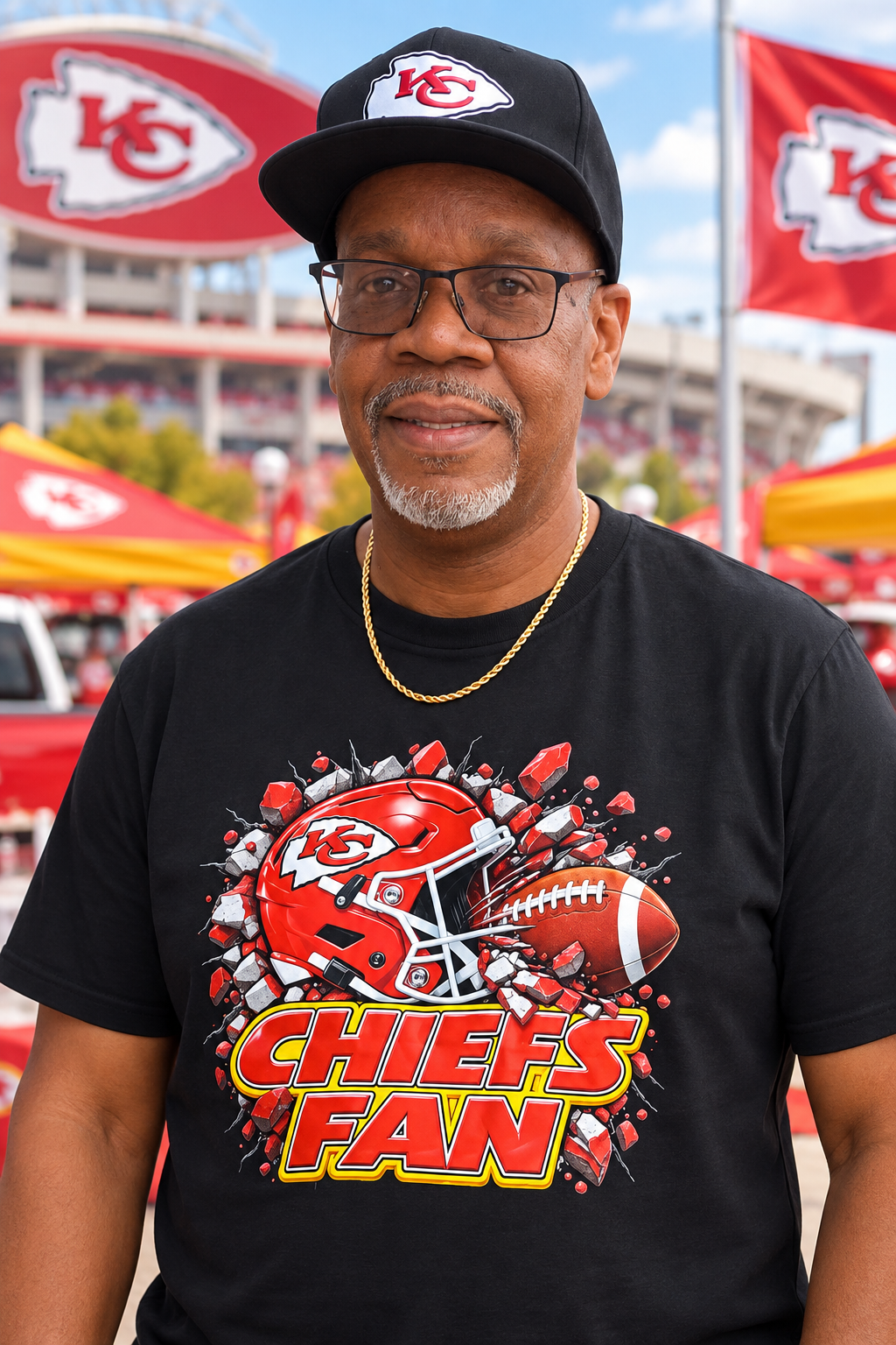 Man wearing a black Chiefs Fan football graphic T-shirt with red helmet and football design at a football stadium tailgate.