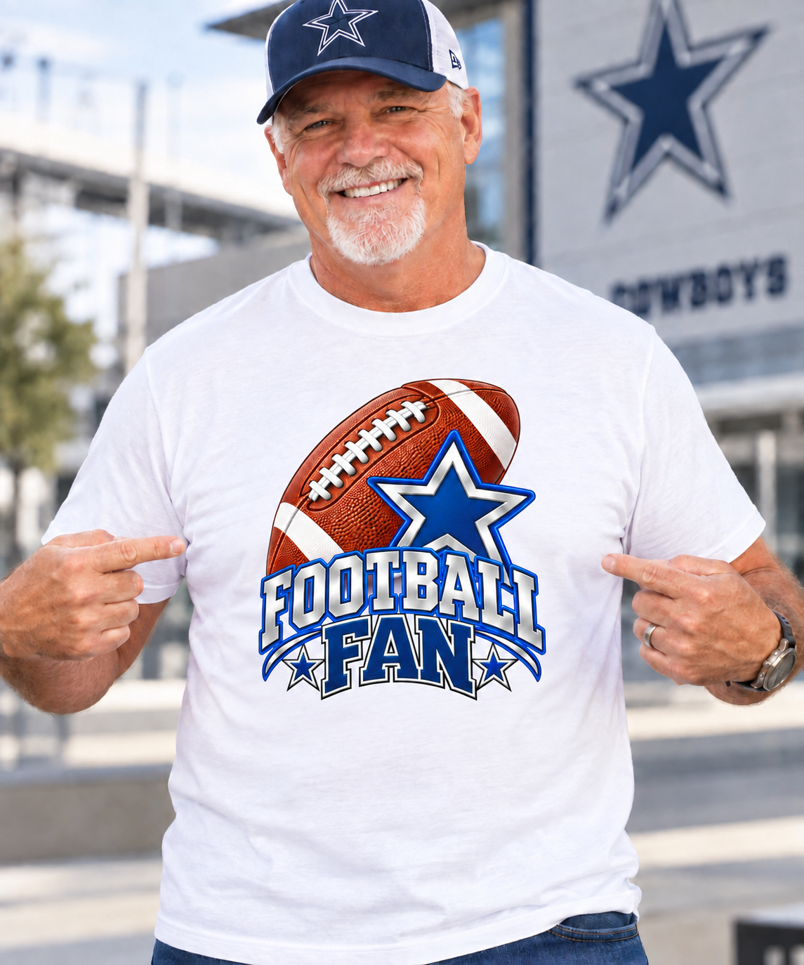 Older male football fan wearing a white Ultimate Football Fan unisex T-shirt with a blue star and football design