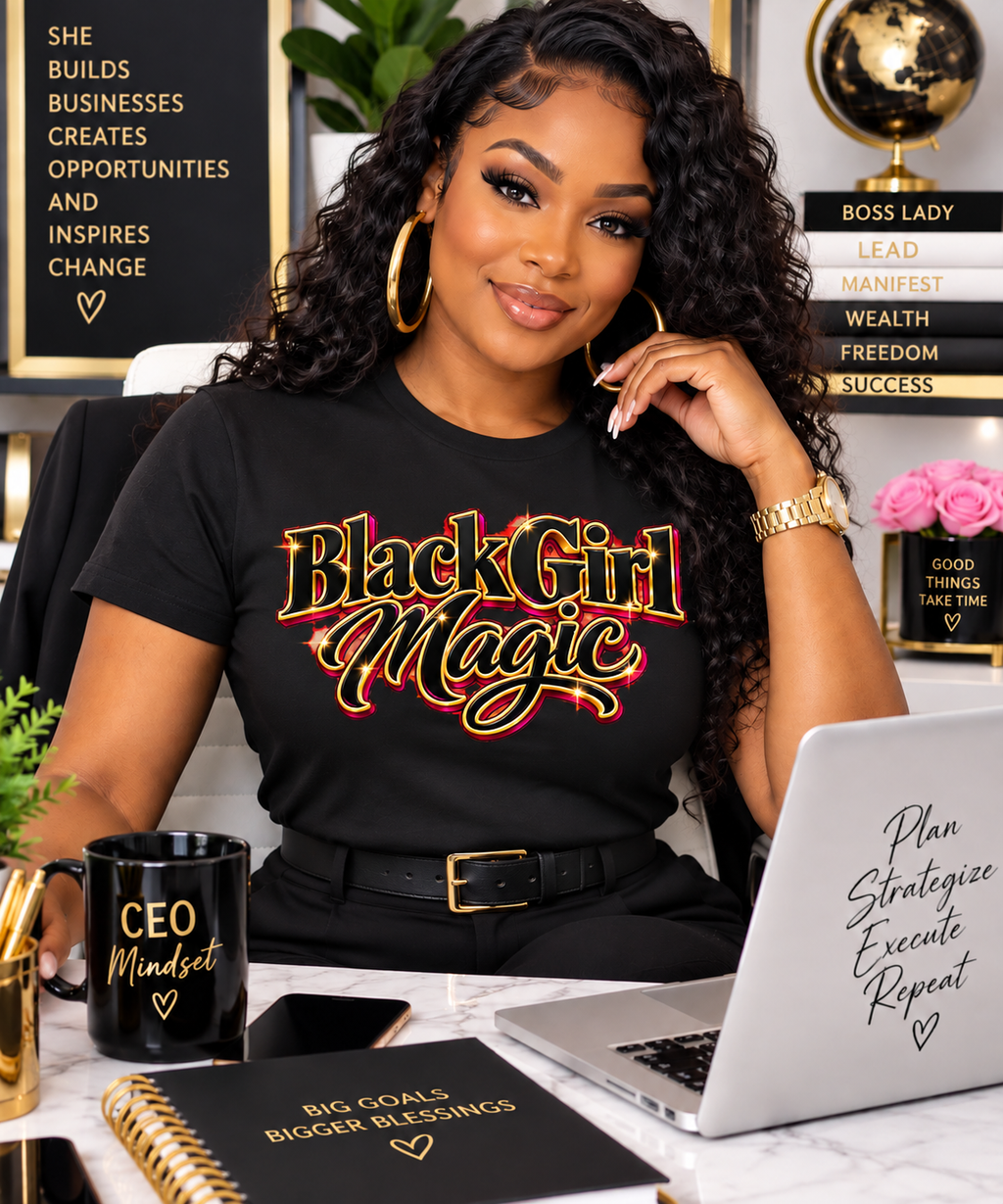 Confident Black woman wearing the Black Girl Magic 3D unisex T-shirt in a professional business setting.