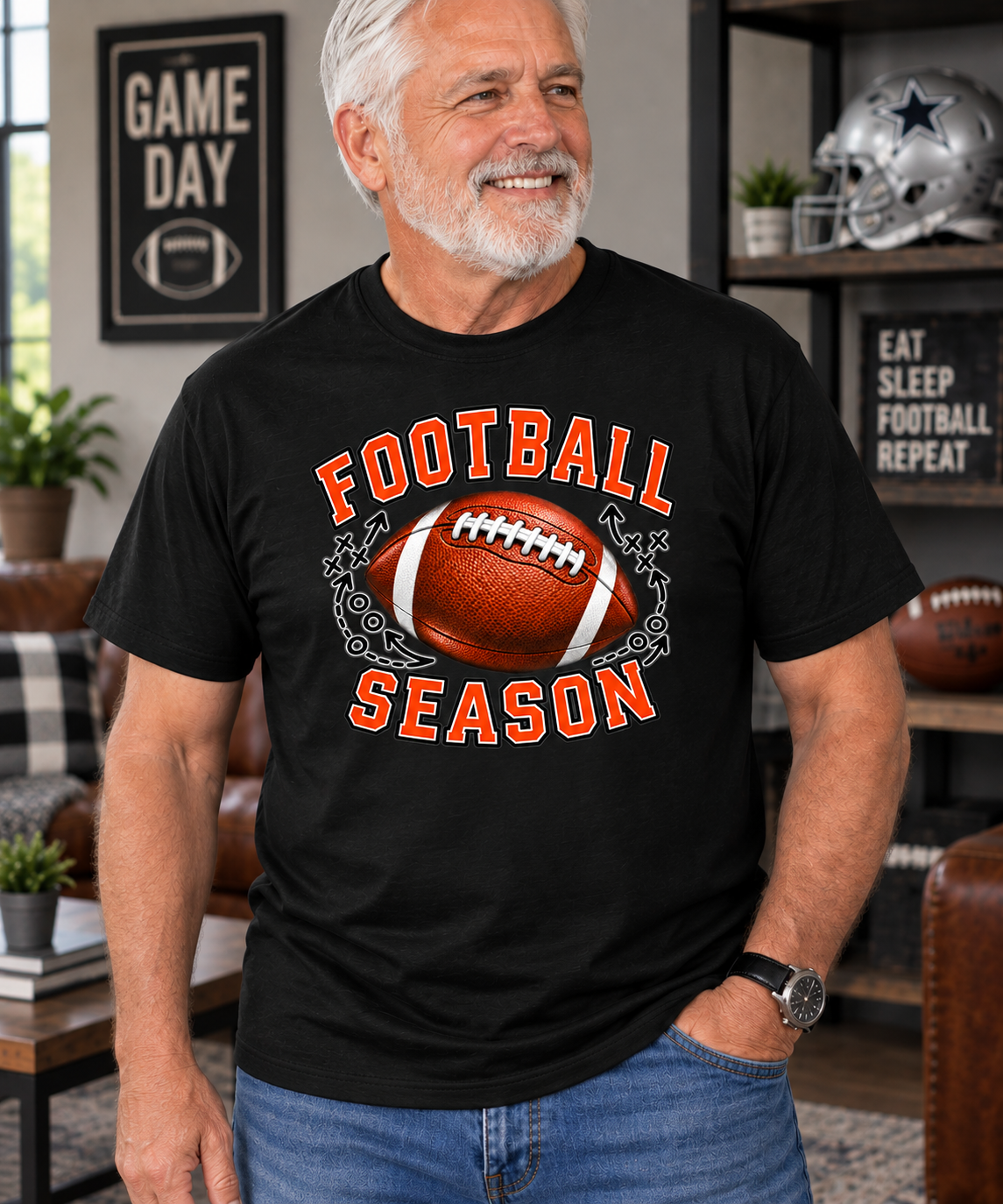 Football Season Coach’s Playbook unisex T-shirt mockup on older male model wearing a black tee.