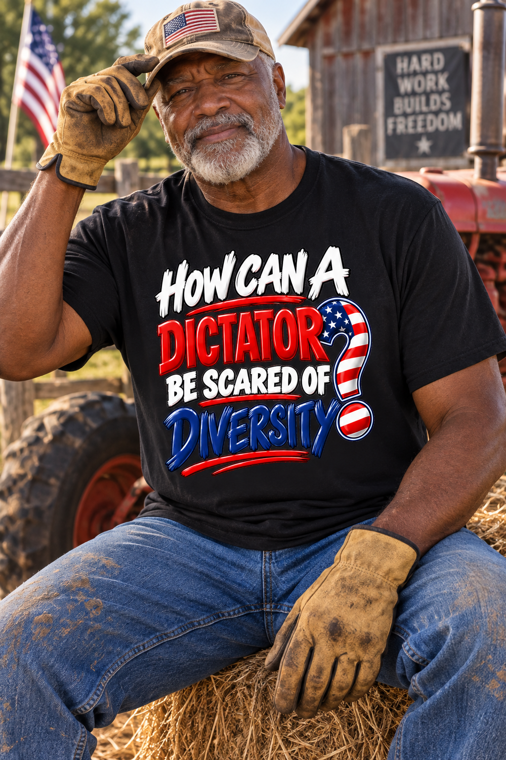 Older Black man working on a farm wearing a black How Can a Dictator Be Scared of Diversity unisex T-shirt.