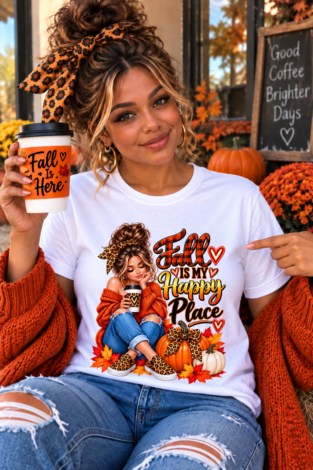 Fall Is My Happy Place Unisex T-Shirt – Cozy Autumn Pumpkin & Leopard Print Tee