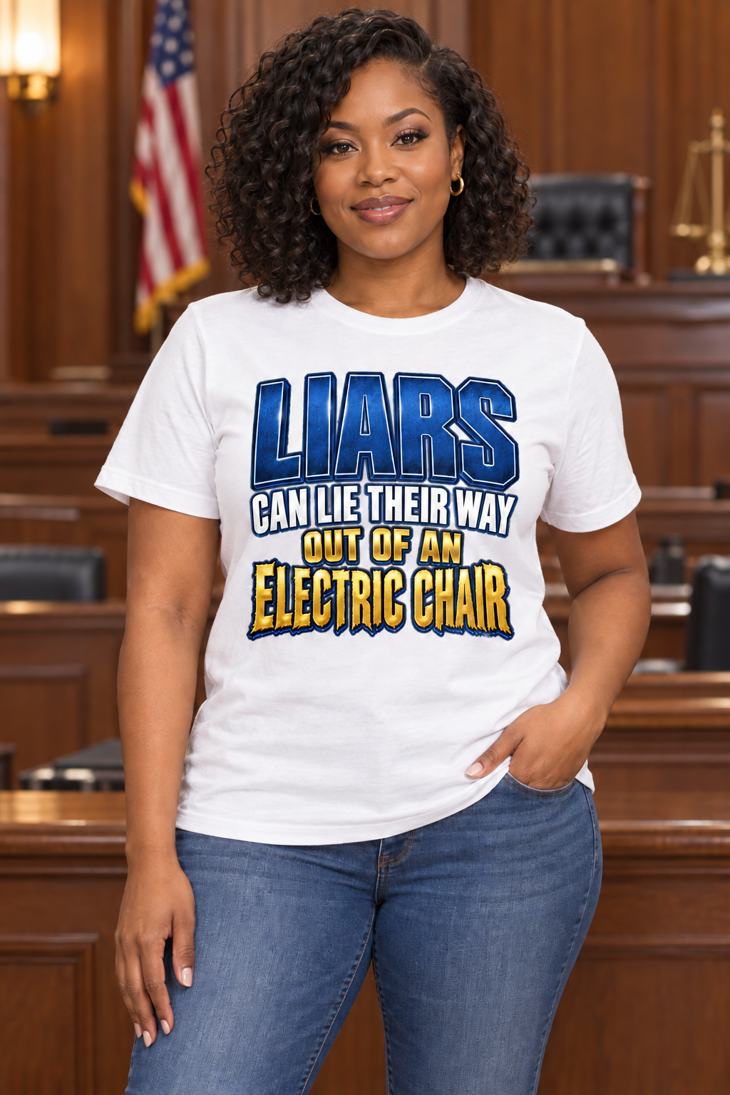 Model wearing a unisex T-shirt featuring the Liars Can Lie Their Way Out of an Electric Chair design in bold blue, white, and gold lettering