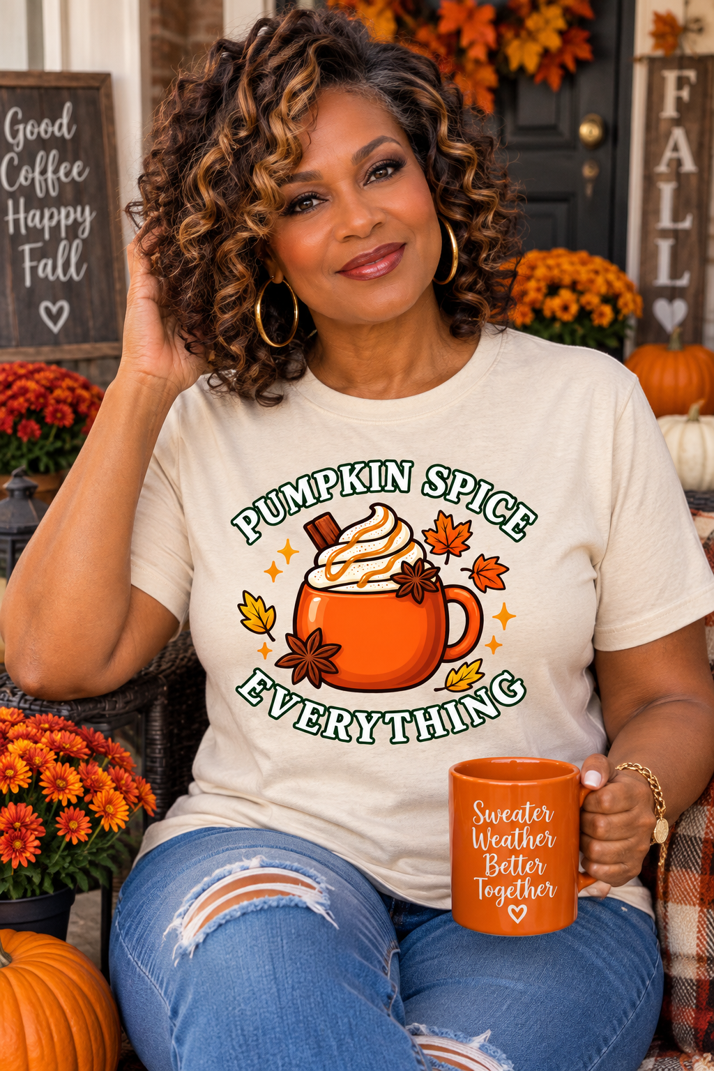 Older woman wearing a Pumpkin Spice Everything fall unisex T-shirt featuring an orange pumpkin spice mug and autumn leaves.