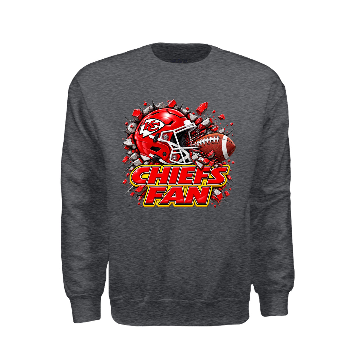 A dark heather gray crewneck sweatshirt featuring a graphic of a red Kansas City Chiefs football helmet and a football bursting through red debris, with the text 'CHIEFS FAN' in red and yellow below.