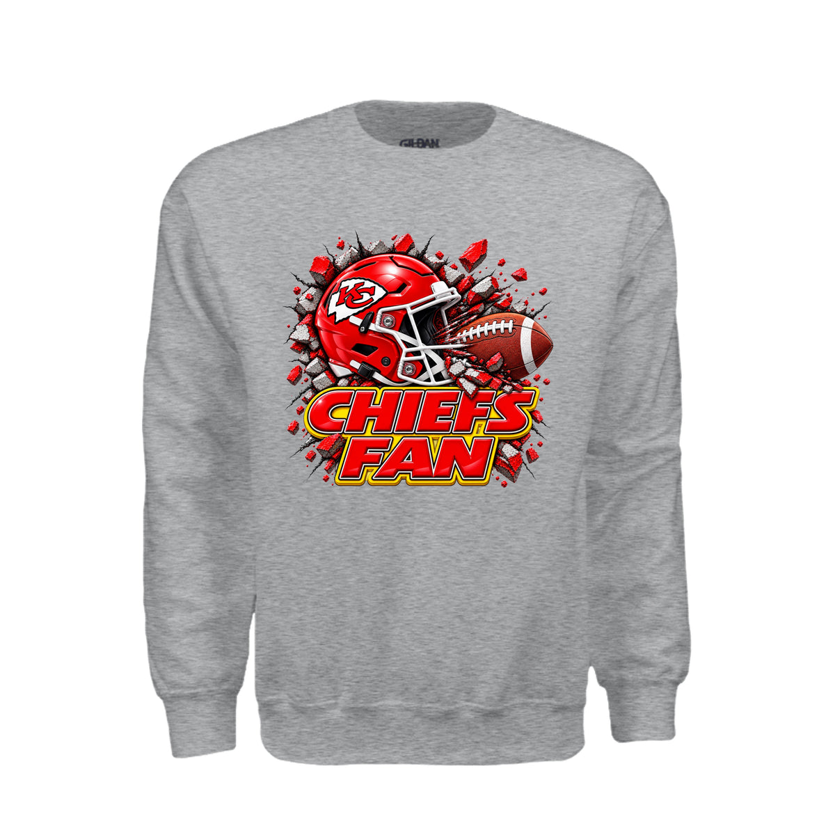 Ash color crewneck sweatshirt featuring a graphic of a red Kansas City Chiefs football helmet and a football bursting through red debris, with the text 'CHIEFS FAN' in red and yellow below.