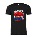 Black Color How Can a Dictator Be Scared of Diversity unisex political T-shirt featuring bold red, white, and royal blue patriotic typography with an American flag question mark.