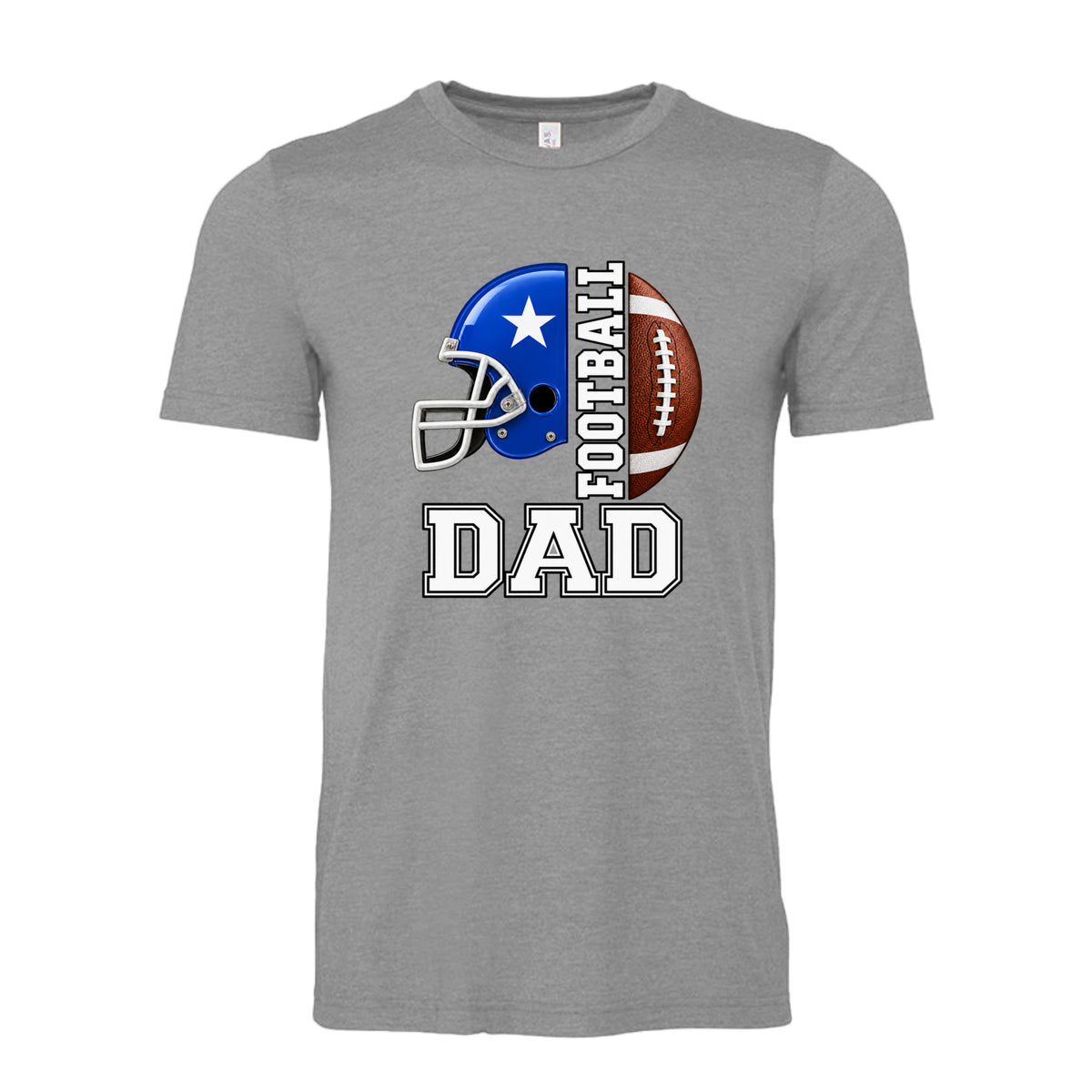 Athletic Heather Color Football Dad unisex T-shirt with blue football helmet, brown football and bold varsity-style lettering