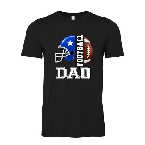Black Football Dad unisex T-shirt with blue football helmet, brown football and bold varsity-style lettering