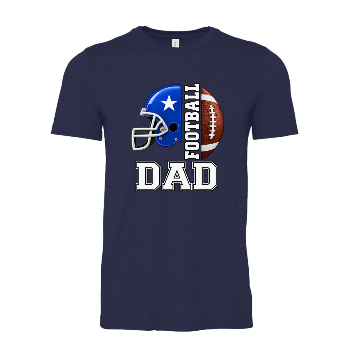 Navy Blue Football Dad unisex T-shirt with blue football helmet, brown football and bold varsity-style lettering
