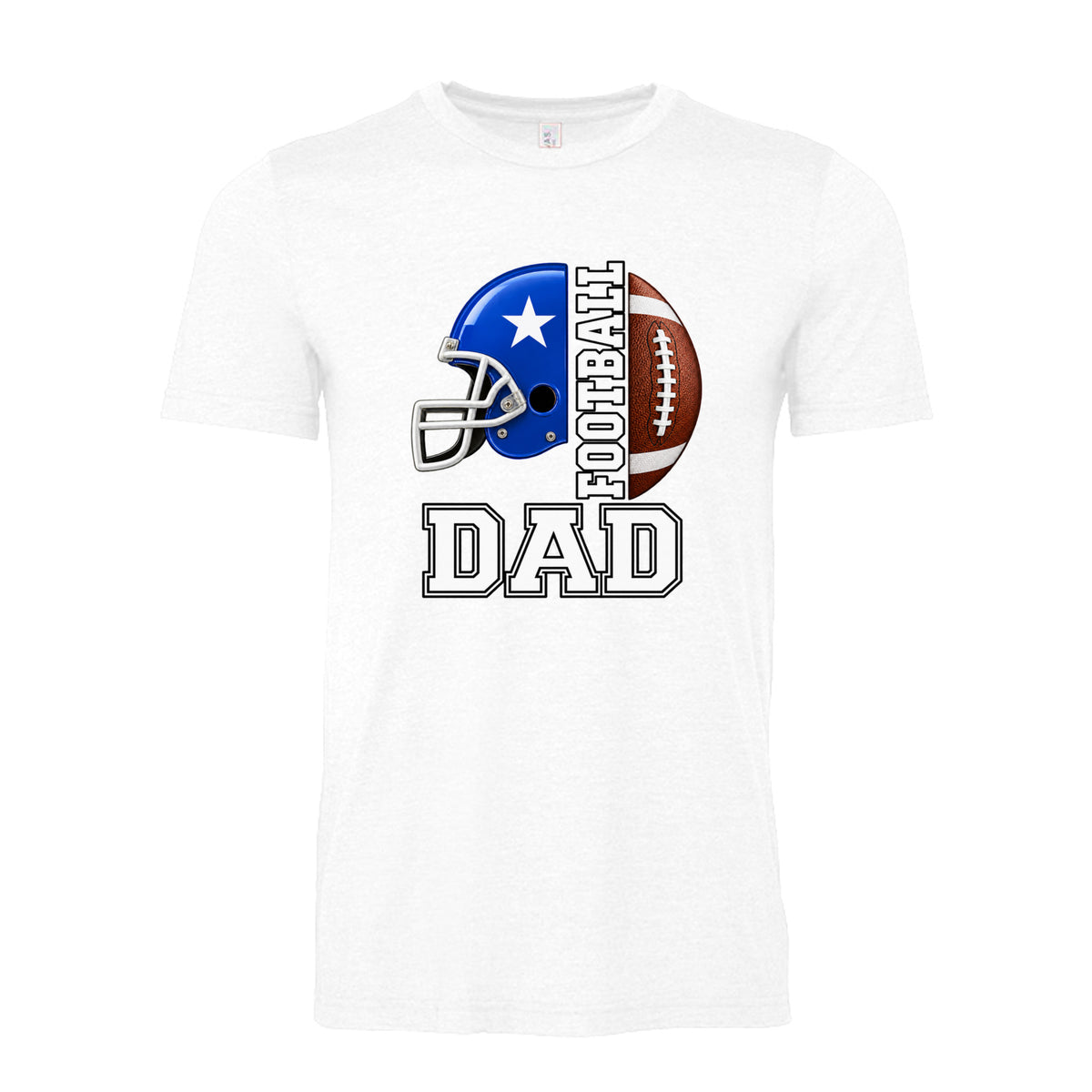 White Football Dad unisex T-shirt with blue football helmet, brown football and bold varsity-style lettering