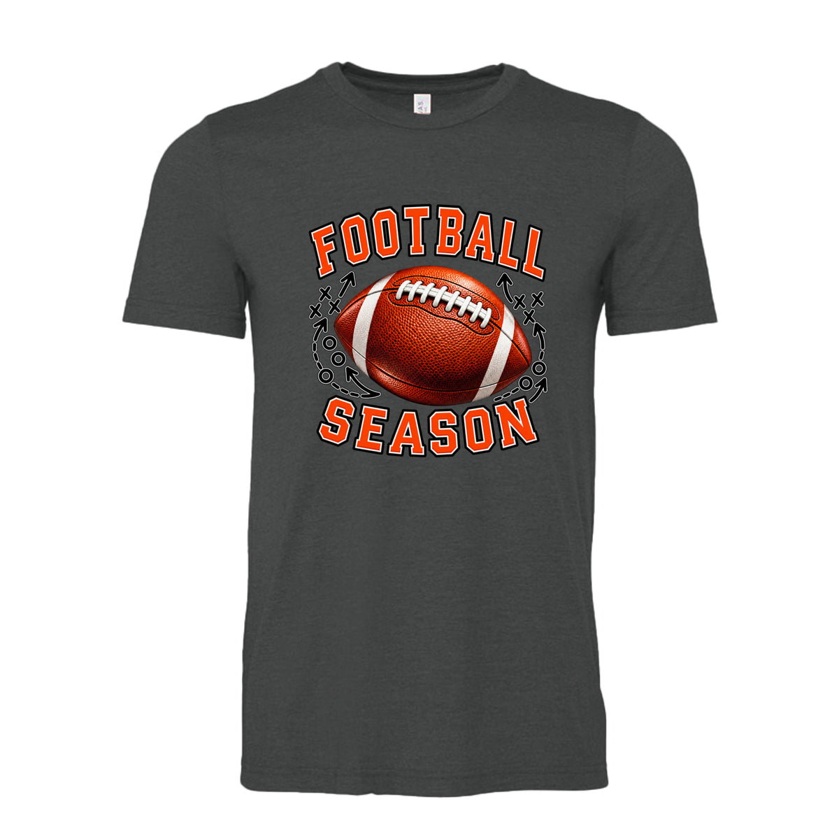 Dark Heather Football Season Coach’s Playbook unisex T-shirt design featuring bold orange lettering, realistic football, and X’s, O’s and play diagram details.