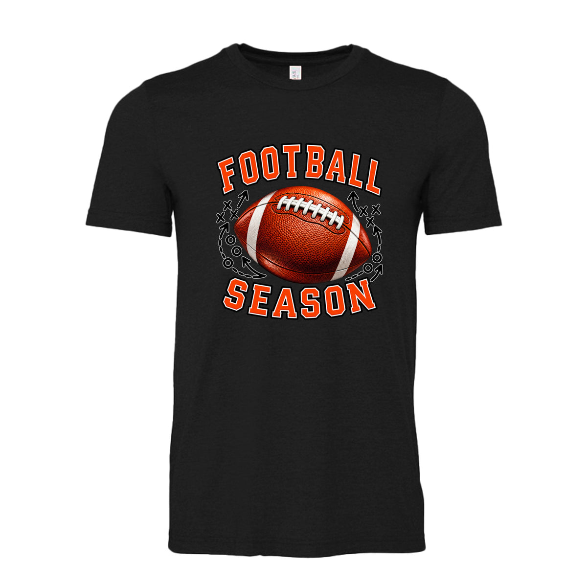Black Football Season Coach’s Playbook unisex T-shirt design featuring bold orange lettering, realistic football, and X’s, O’s and play diagram details.