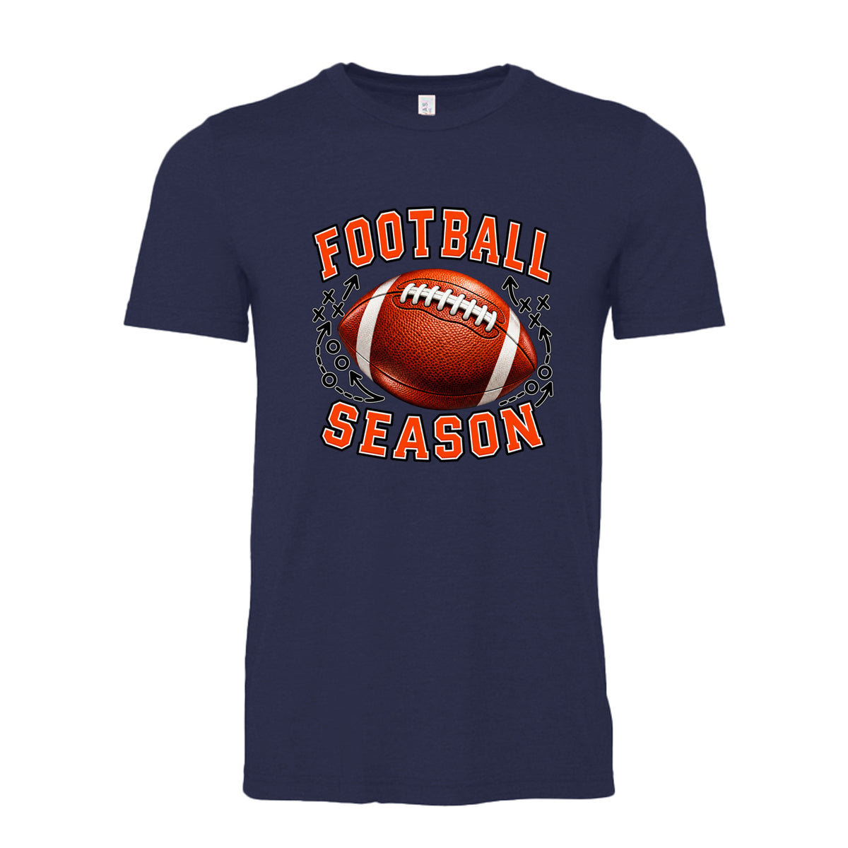 Navy Football Season Coach’s Playbook unisex T-shirt design featuring bold orange lettering, realistic football, and X’s, O’s and play diagram details.
