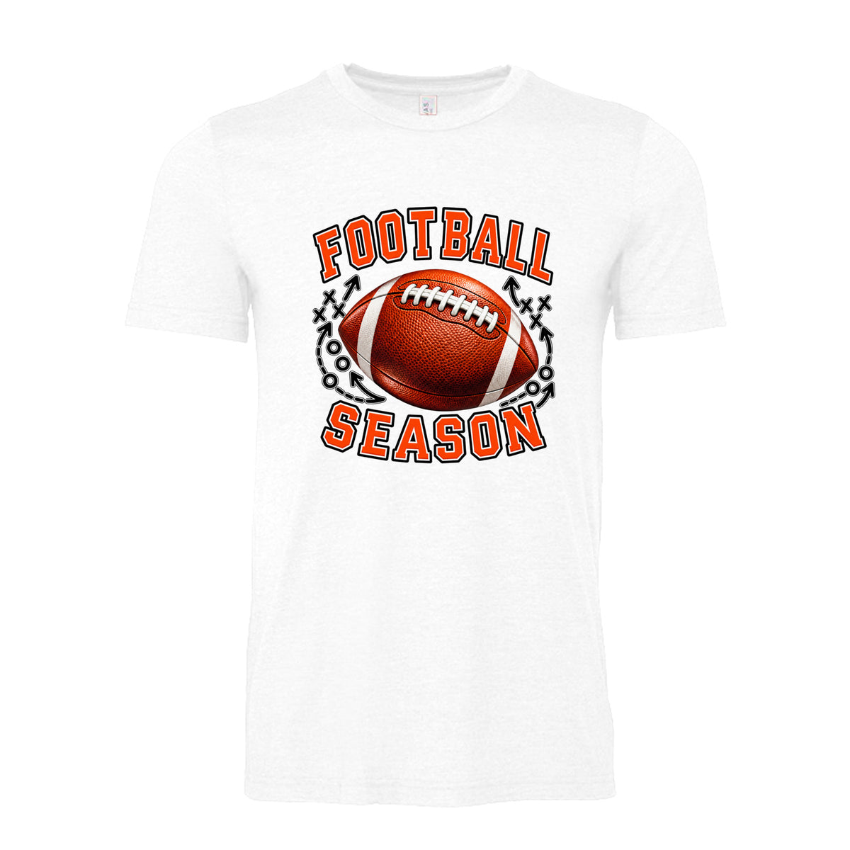 White Football Season Coach’s Playbook unisex T-shirt design featuring bold orange lettering, realistic football, and X’s, O’s and play diagram details.