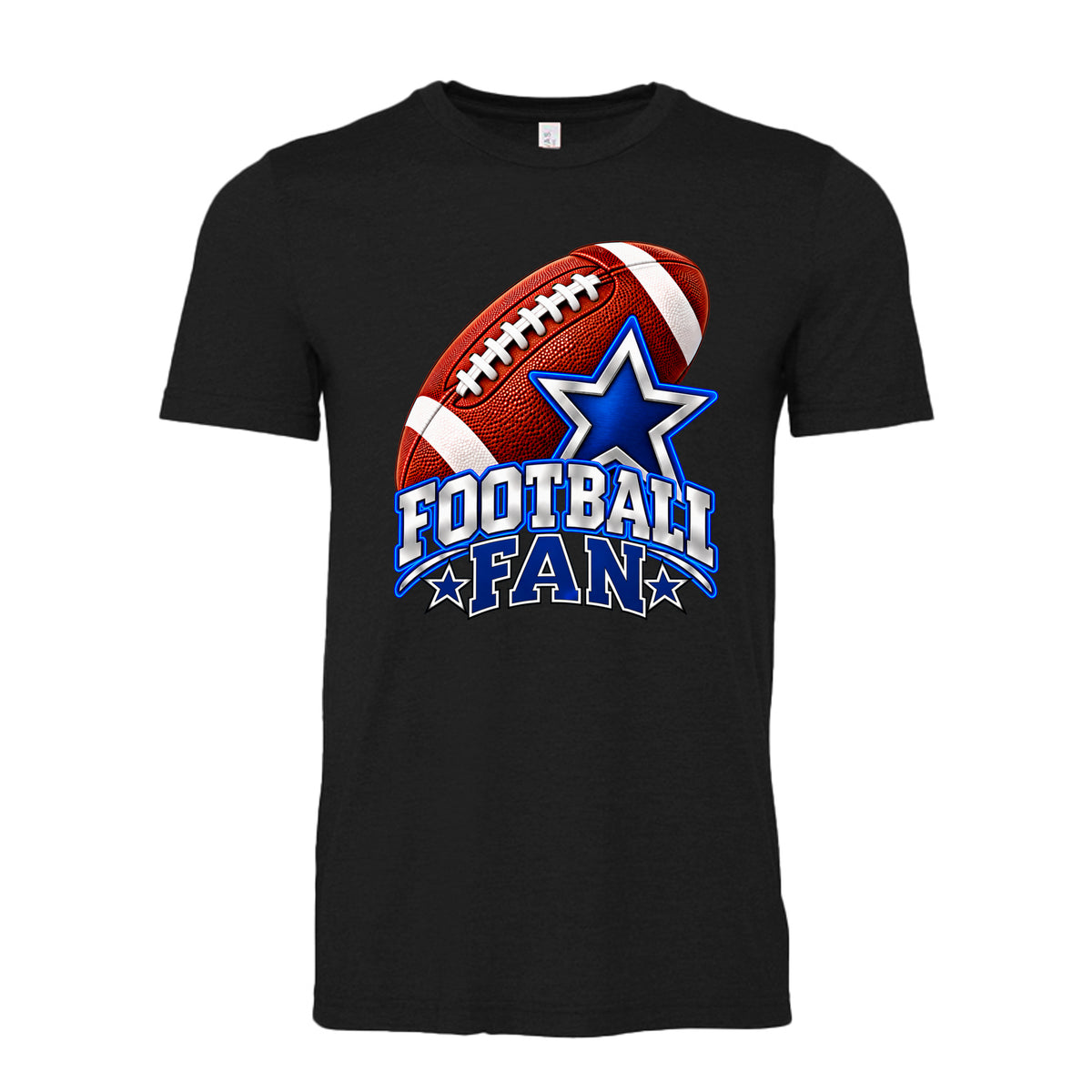 Black unisex T-shirt featuring a blue Football Fan design with a realistic football and stars