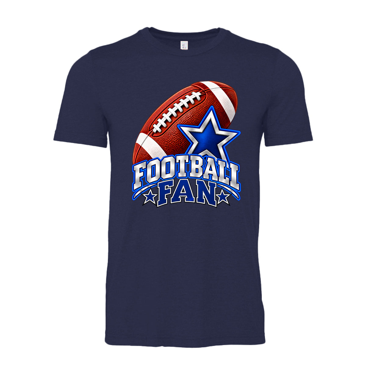 Navy unisex T-shirt featuring a blue Football Fan design with a realistic football and stars