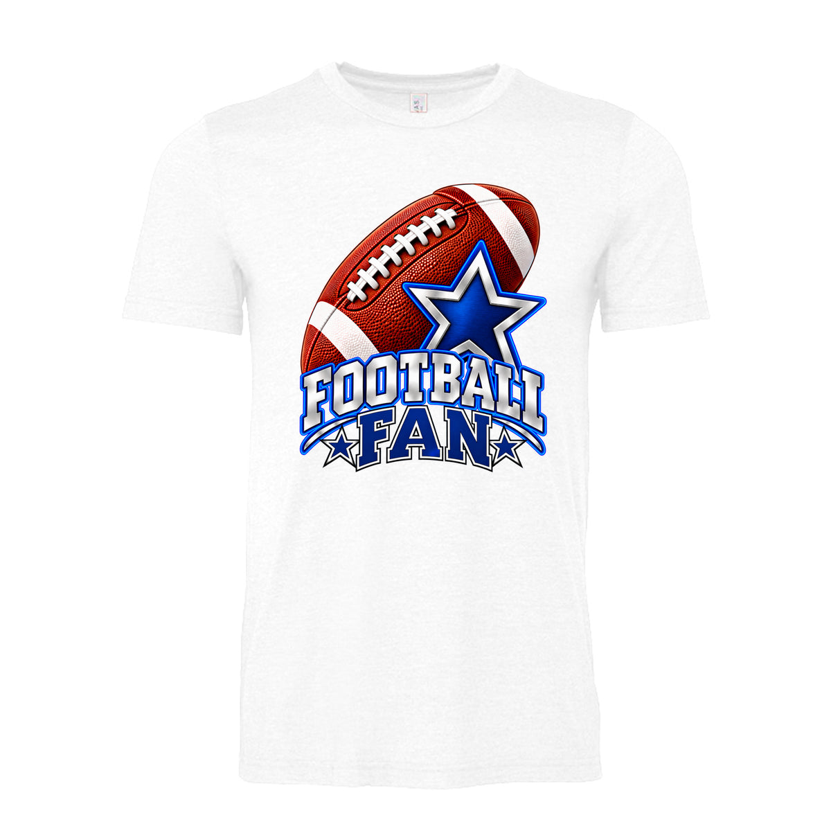 White unisex T-shirt featuring a blue Football Fan design with a realistic football and stars