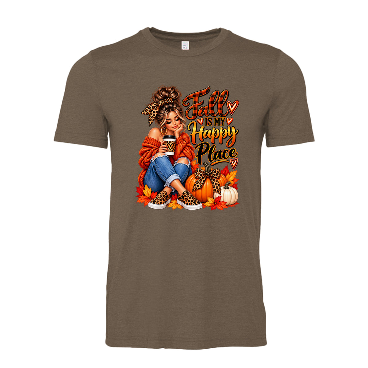 Heather Brown Fall Is My Happy Place design featuring a woman, pumpkins, colorful autumn leaves, leopard-print accents, and warm fall colors