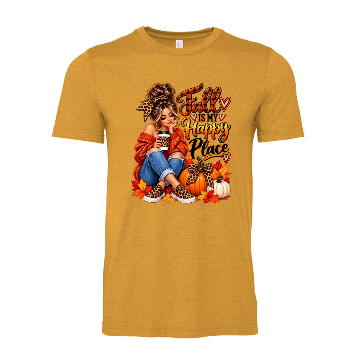 Heather Mustard Fall Is My Happy Place design featuring a woman, pumpkins, colorful autumn leaves, leopard-print accents, and warm fall colors
