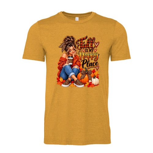 Heather Mustard Fall Is My Happy Place design featuring a woman, pumpkins, colorful autumn leaves, leopard-print accents, and warm fall colors