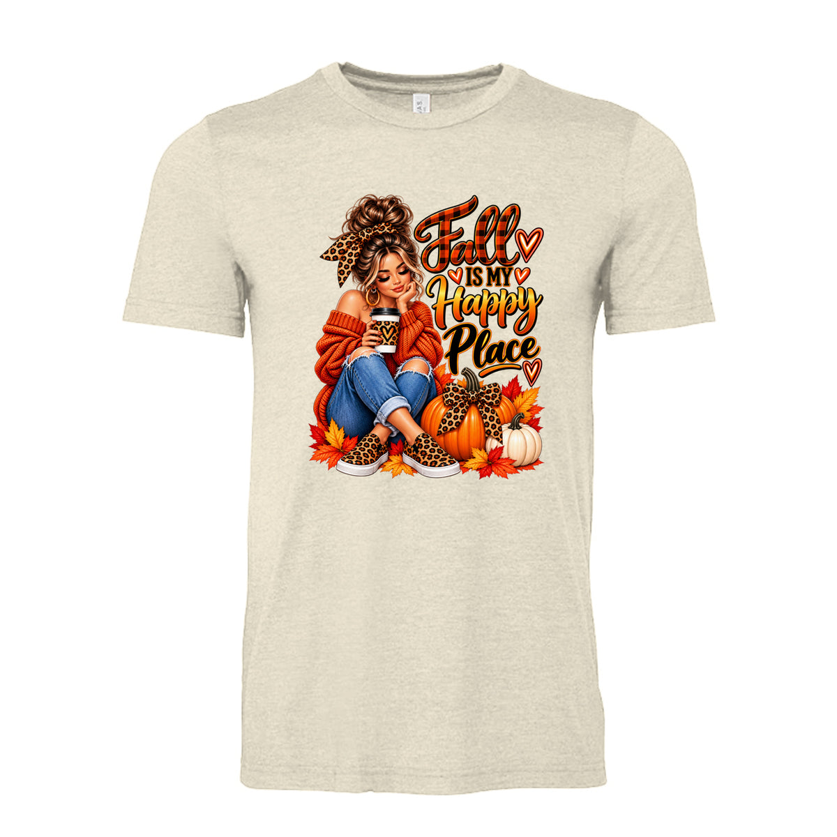 Heather Soft Cream Fall Is My Happy Place design featuring a woman, pumpkins, colorful autumn leaves, leopard-print accents, and warm fall colors