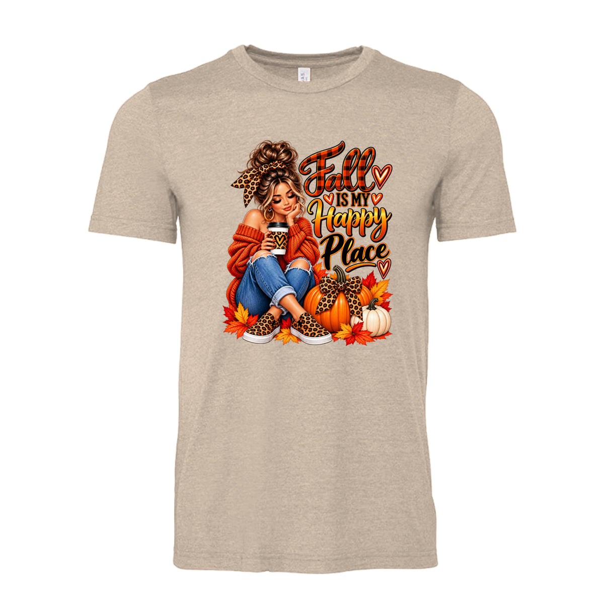 Heather Tan Fall Is My Happy Place design featuring a woman, pumpkins, colorful autumn leaves, leopard-print accents, and warm fall colors