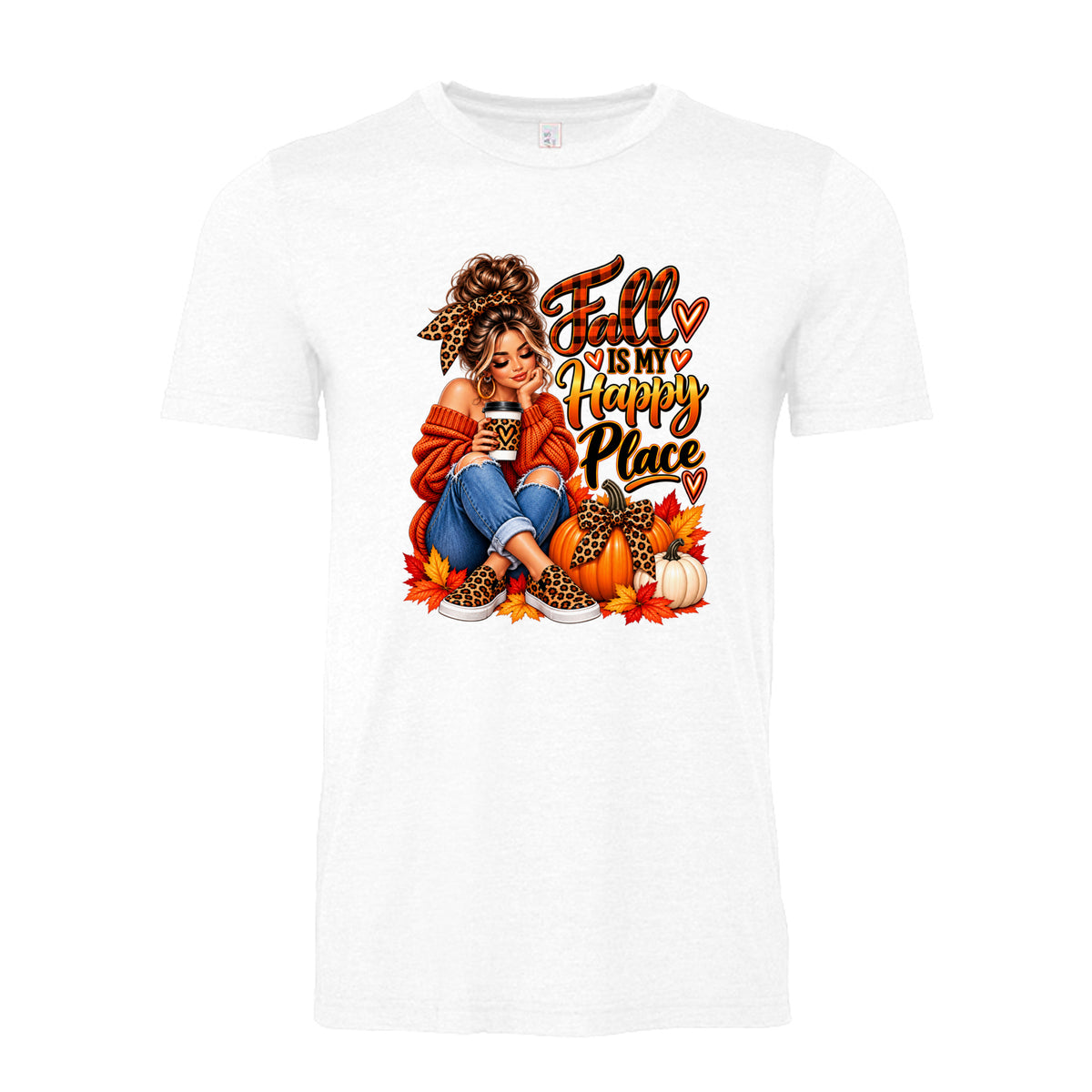 White Fall Is My Happy Place design featuring a woman, pumpkins, colorful autumn leaves, leopard-print accents, and warm fall colors