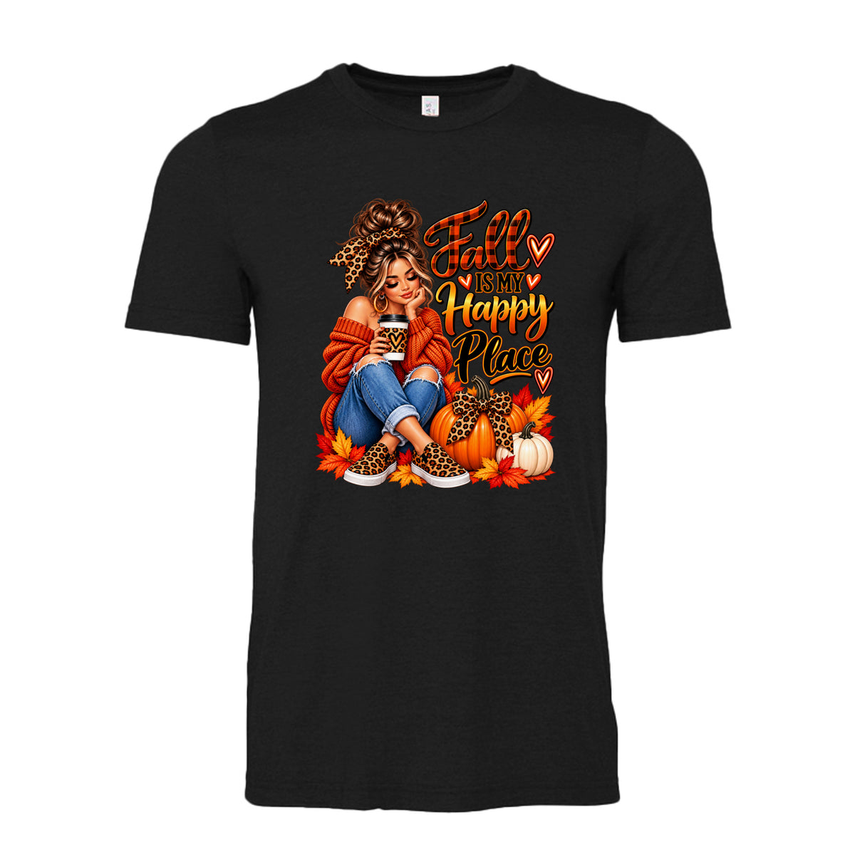 Black Fall Is My Happy Place design featuring a woman, pumpkins, colorful autumn leaves, leopard-print accents, and warm fall colors