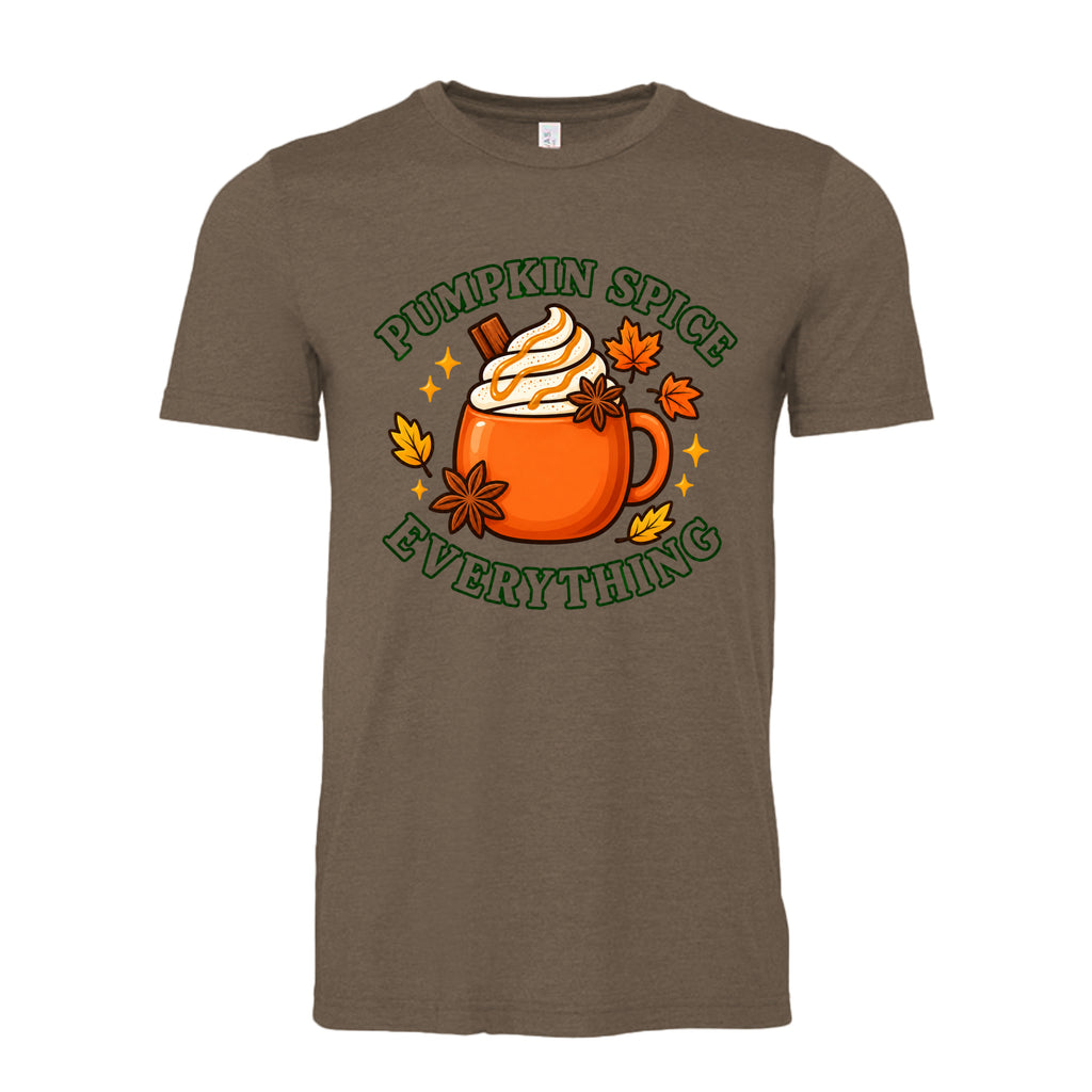 Heather Brown Pumpkin Spice Everything fall T-shirt design featuring an orange mug with whipped cream, cinnamon, and colorful autumn leaves.