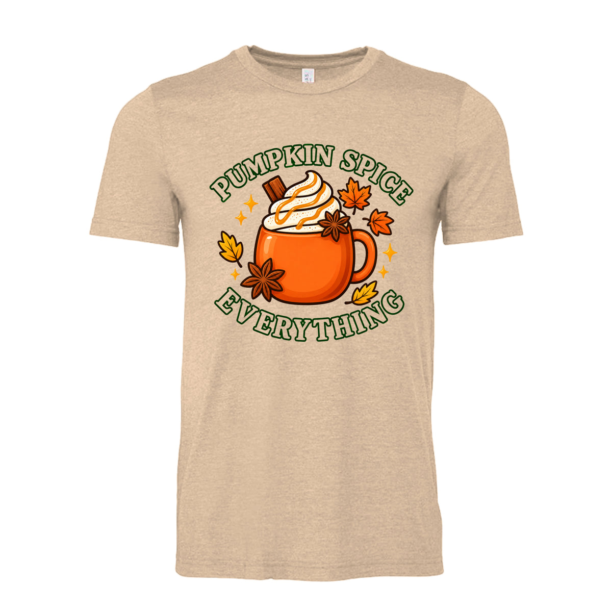 Heather Sand Dune Pumpkin Spice Everything fall T-shirt design featuring an orange mug with whipped cream, cinnamon, and colorful autumn leaves.