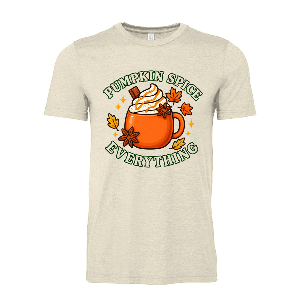 Heather Soft Cream Pumpkin Spice Everything fall T-shirt design featuring an orange mug with whipped cream, cinnamon, and colorful autumn leaves.