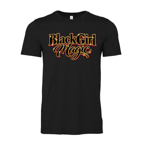 Black Girl Magic 3D graphic design with bold dimensional lettering for a unisex T-shirt by ElleLiz Designs.
