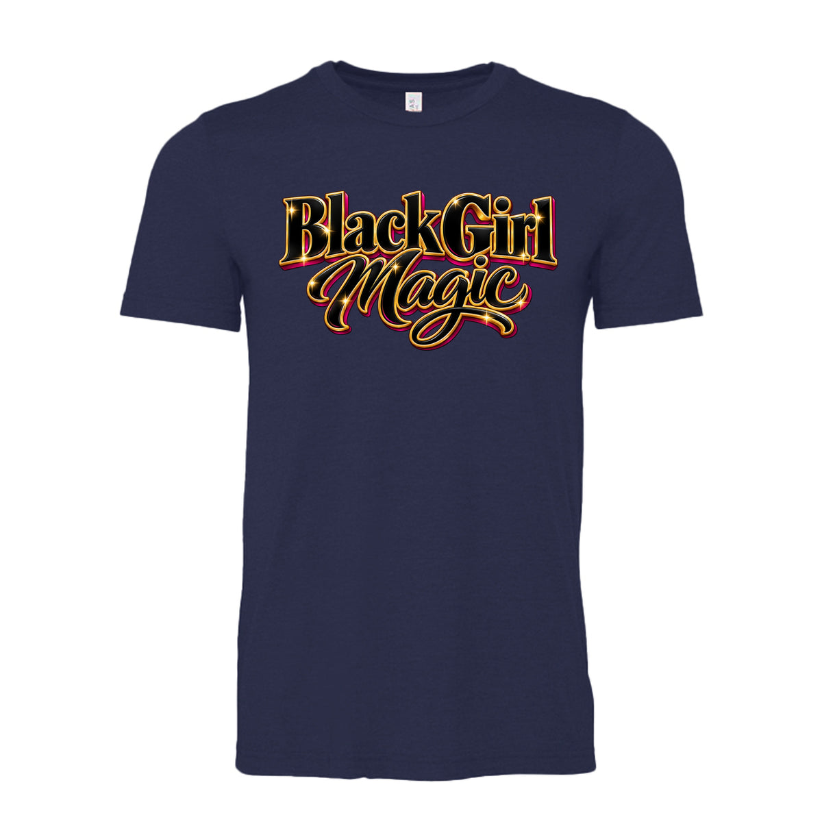 Navy Black Girl Magic 3D graphic design with bold dimensional lettering for a unisex T-shirt by ElleLiz Designs.
