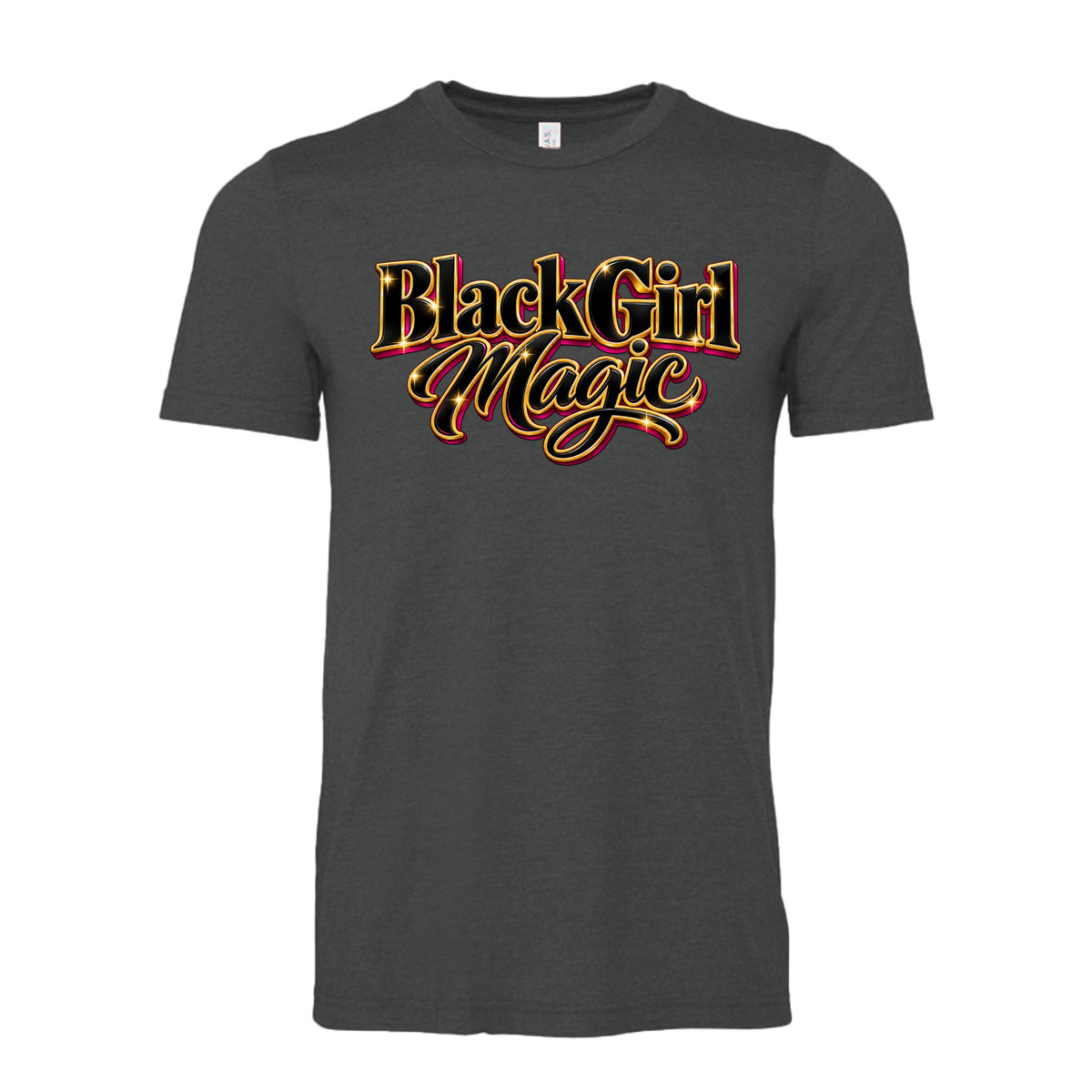 Dark Grey Heather Black Girl Magic 3D graphic design with bold dimensional lettering for a unisex T-shirt by ElleLiz Designs.
