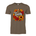 Heather Brown Autumn Faith floral cross design with sunflowers, red flowers, orange fall leaves, and white script lettering.