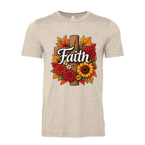 Heather Dust Autumn Faith floral cross design with sunflowers, red flowers, orange fall leaves, and white script lettering.