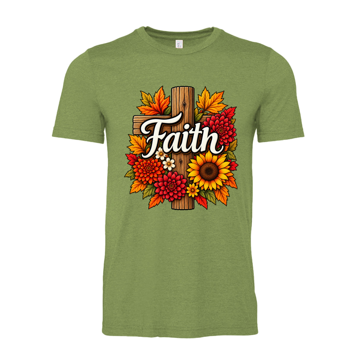 Heather Green Autumn Faith floral cross design with sunflowers, red flowers, orange fall leaves, and white script lettering.