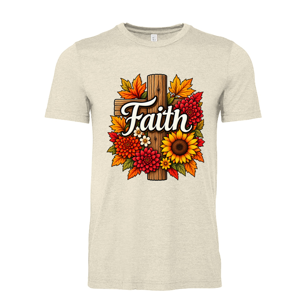 Heather Soft Cream Autumn Faith floral cross design with sunflowers, red flowers, orange fall leaves, and white script lettering.
