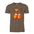 Heather Brown Love Fall Y’all leopard print pumpkin and two orange coffee mugs fall graphic on unisex T-shirt design