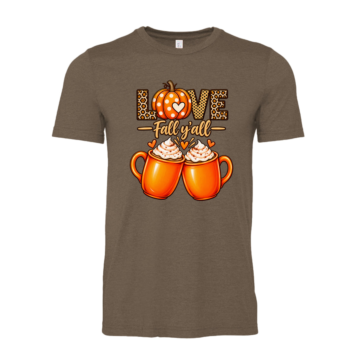 Heather Brown Love Fall Y’all leopard print pumpkin and two orange coffee mugs fall graphic on unisex T-shirt design