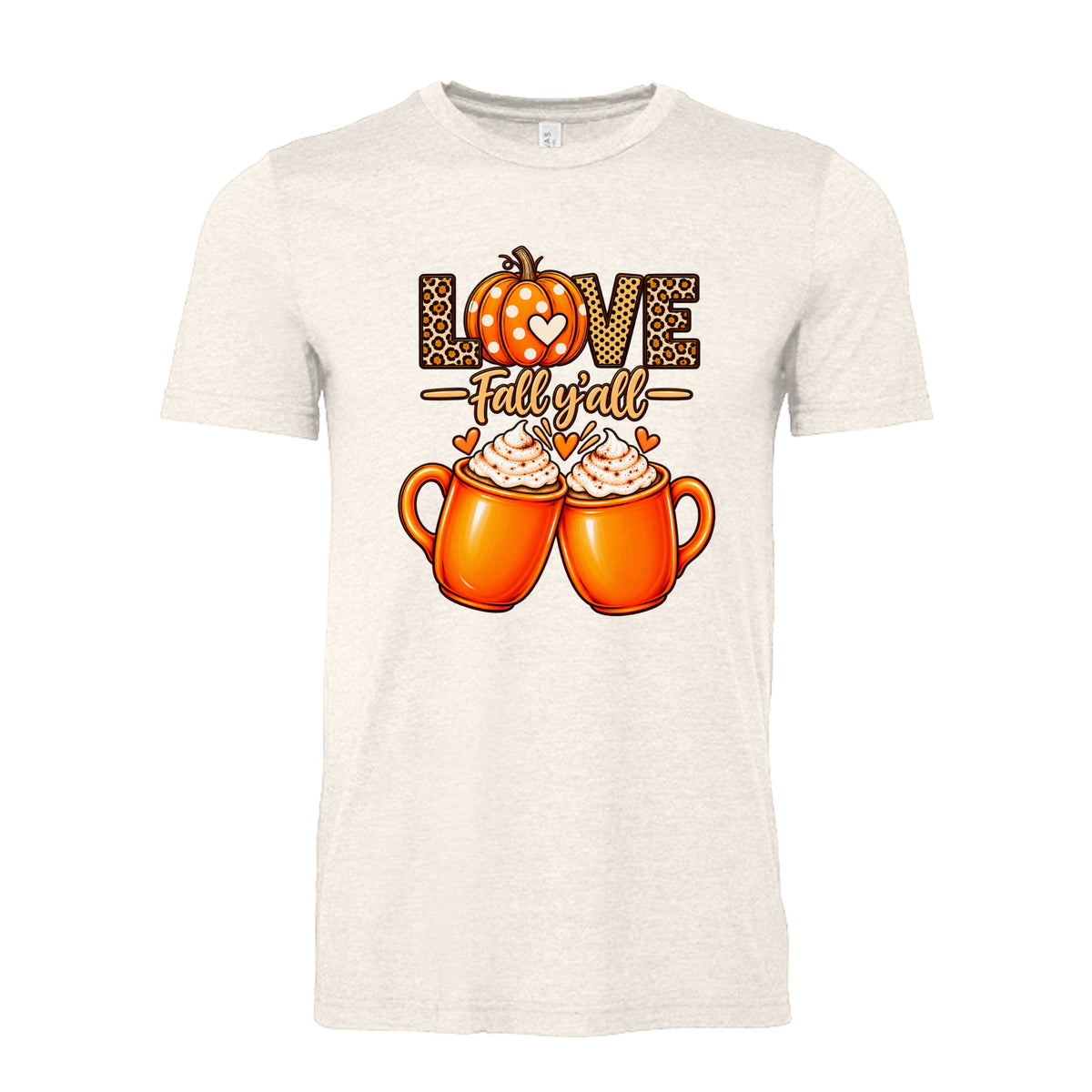 Heather Natural Love Fall Y’all leopard print pumpkin and two orange coffee mugs fall graphic on unisex T-shirt design