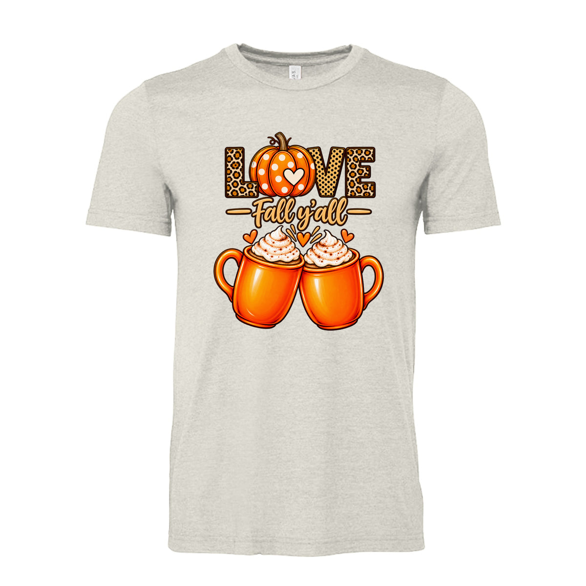 Heather Oatmeal Love Fall Y’all leopard print pumpkin and two orange coffee mugs fall graphic on unisex T-shirt design