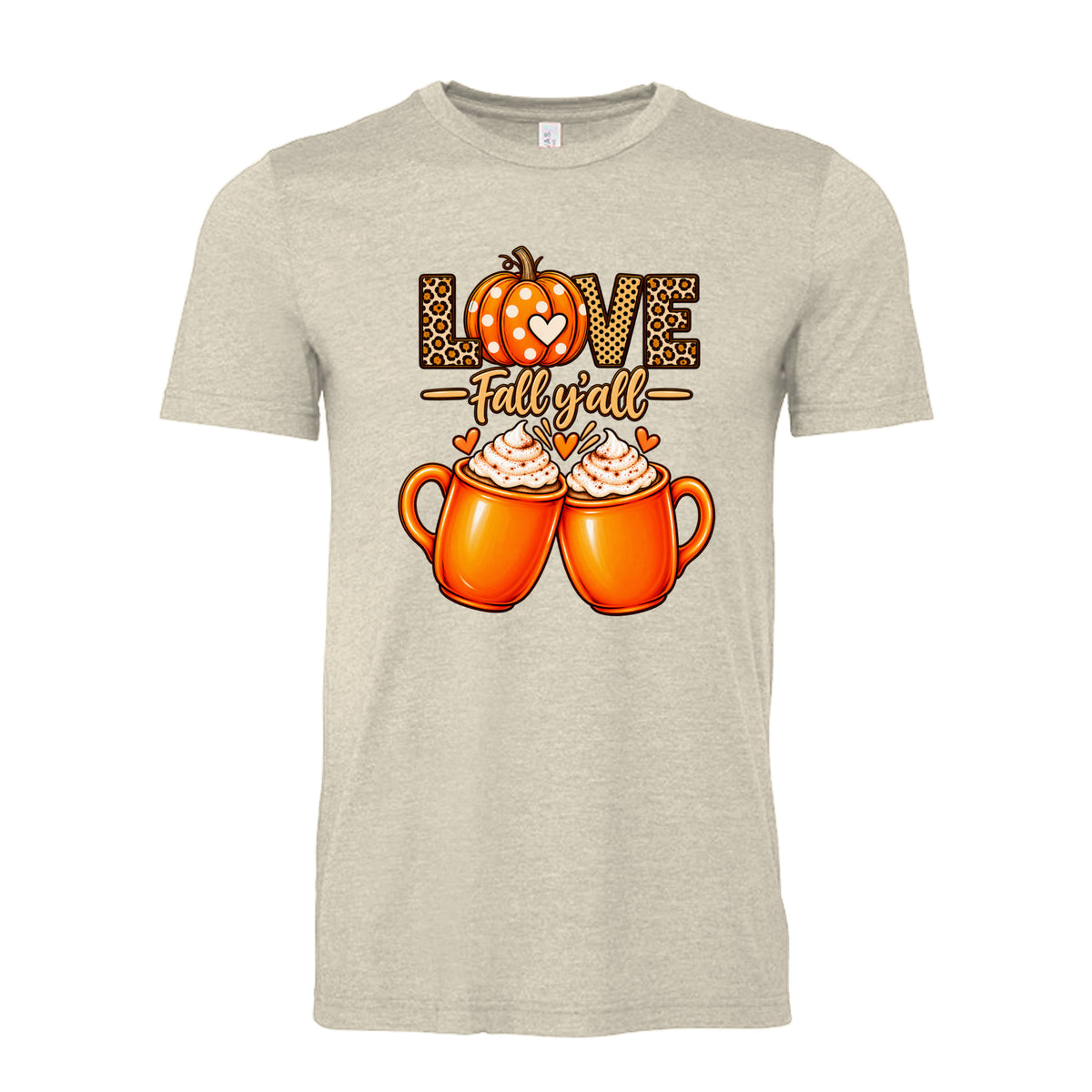 Heather Stone Love Fall Y’all leopard print pumpkin and two orange coffee mugs fall graphic on unisex T-shirt design