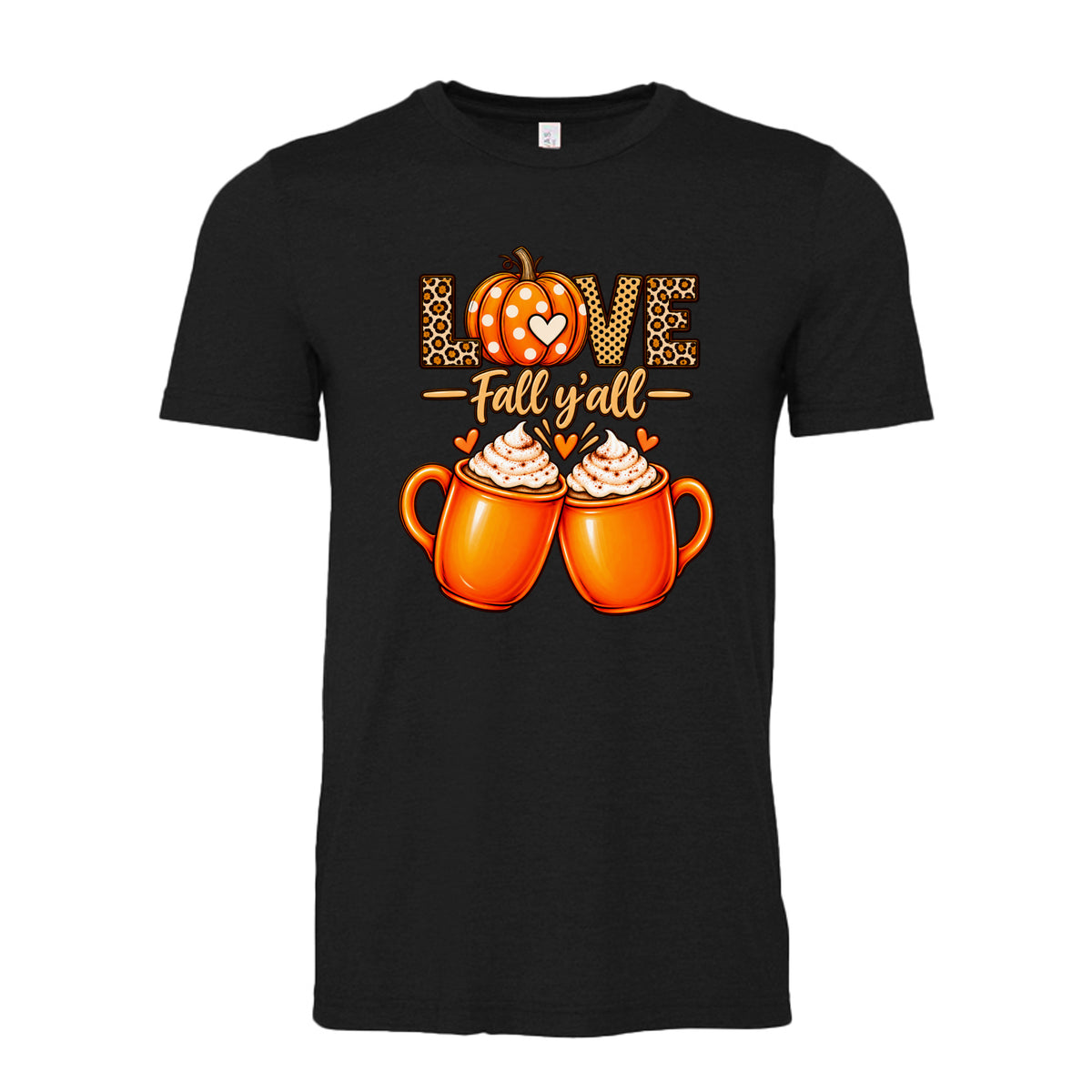 Black Love Fall Y’all leopard print pumpkin and two orange coffee mugs fall graphic on unisex T-shirt design